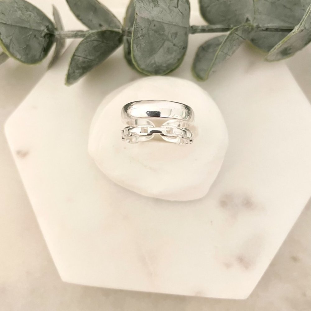 925 Sterling Silver Chain Link Ring Double Layer Stacking Ring Minimalist Ring - Picture 2 of 7